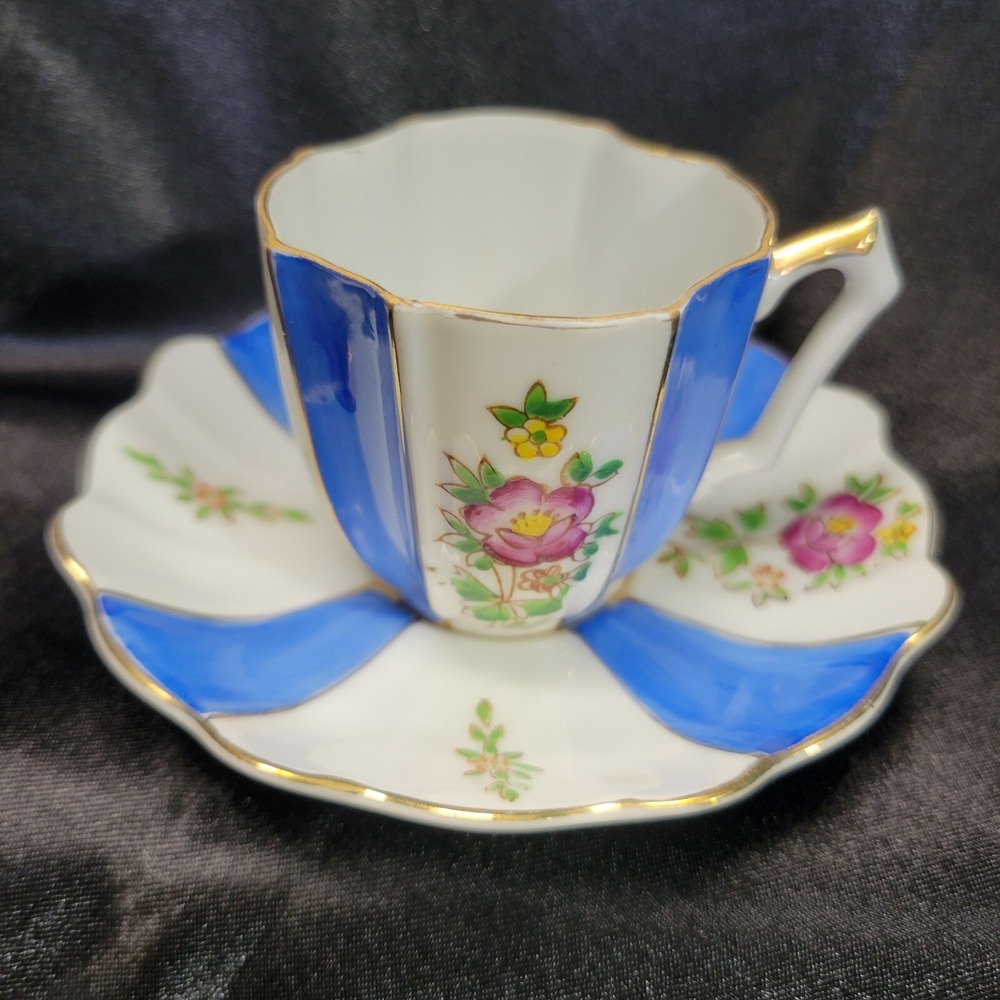 Halsey Fifth Ave China Floral Blue Striped Gold Trimmed Tea Cup & Saucer Set